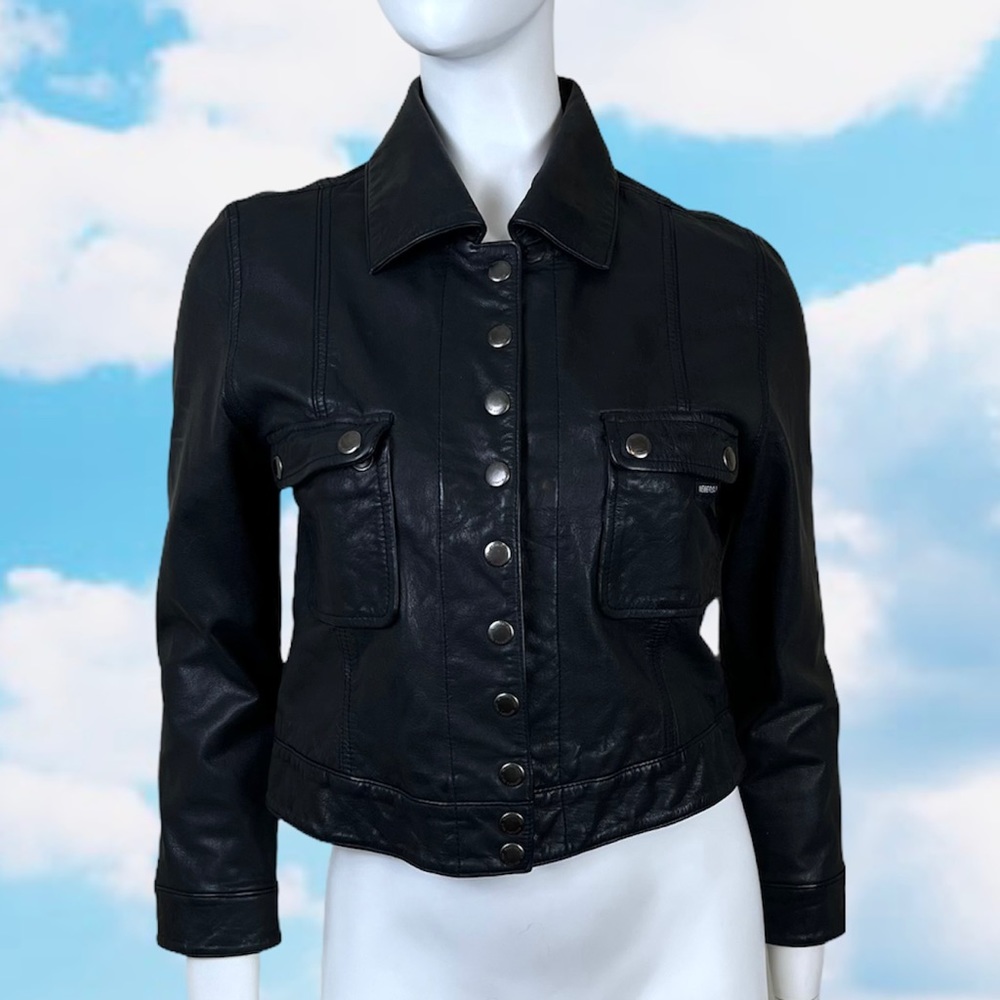 MEMBERS ONLY Genuine Leather Trucker Style Jacket Black M 80s 90s Y2K Retro Moto